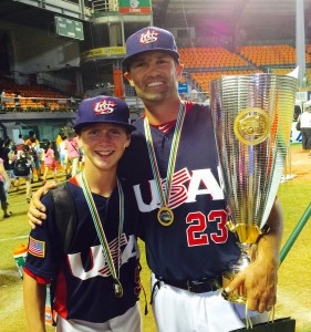 Trabuco Canyon's Cody Schrier, left, poses for a photo with USA 12U National Baseball Team Manager Tanner Vesely after winning the WBSC U12 World Cup, Aug. 2, in Taiwan. (OC Register)